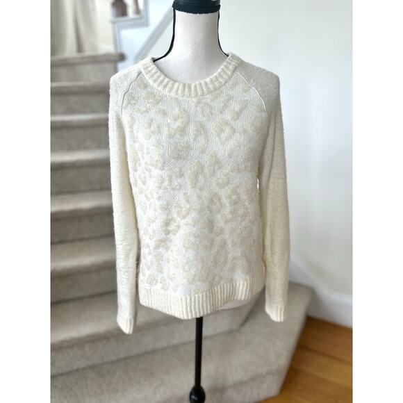 White+Warren Cream Leopard Print Leather Trim Wool Blend Sweater - Picture 1 of 6